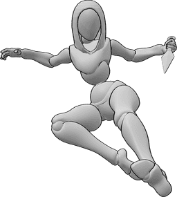 Referencia de poses- Postura de ataque de asesina - La asesina salta, patea y ataca con un kunai en la mano izquierda.