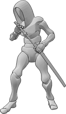 Référence des poses- Assassin dessinant la pose du katana - L'assassin est debout et tire lentement son katana de son fourreau.