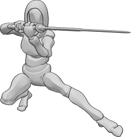 Referência de poses- Assassino com pose de katana - Assassino masculino está agachado e pronto para atacar, segurando a sua katana com as duas mãos