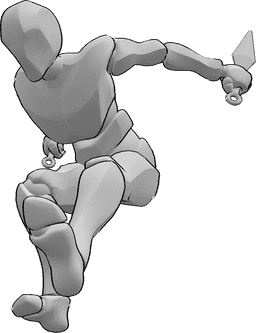 Referência de poses- Pose de salto de um assassino masculino - O assassino masculino está a saltar e tem uma kunai nas mãos
