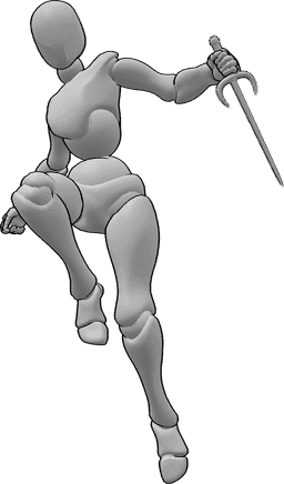 Referencia de poses- Asesina en pose de salto - Mujer asesina está saltando, sosteniendo un sai en su mano izquierda
