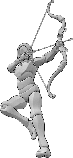 Posen-Referenz- Assassine zielen Bogen Pose - Männlicher Attentäter springt und zielt mit seinem Bogen, springende Attentäter-Pose