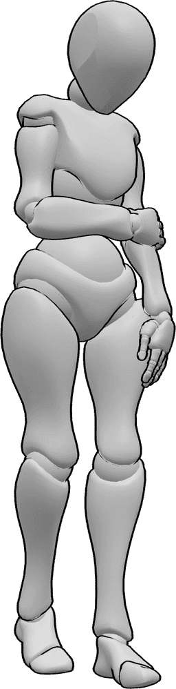 Posen-Referenz- Schüchterne weibliche Gehpose - Schüchterne Frau geht, hält ihren Arm und schaut nach unten