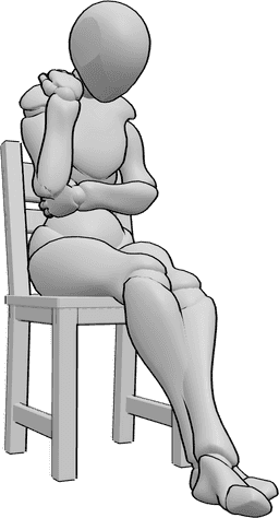 Referencia de poses- Mujer tímida sentada - Una mujer tímida está sentada en la silla con las piernas cruzadas y mirando hacia abajo.