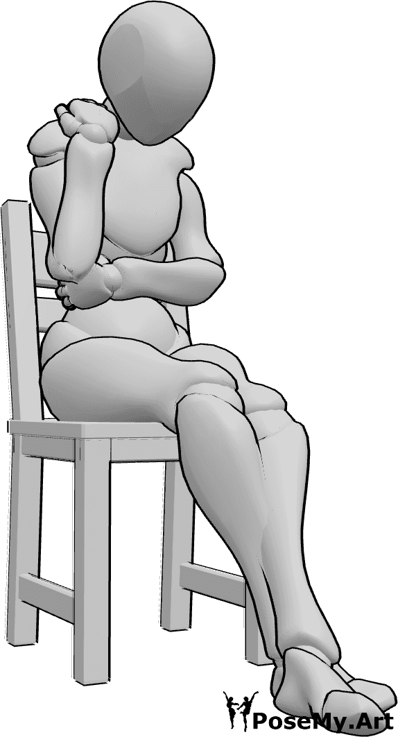 Référence des poses- Femme timide assise - Une femme timide est assise sur une chaise, les jambes croisées et regardant vers le bas.