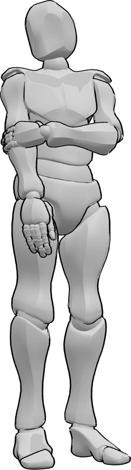 Référence des poses- Pose masculine timide - Un homme timide est debout, se tenant le bras et regardant vers la droite.