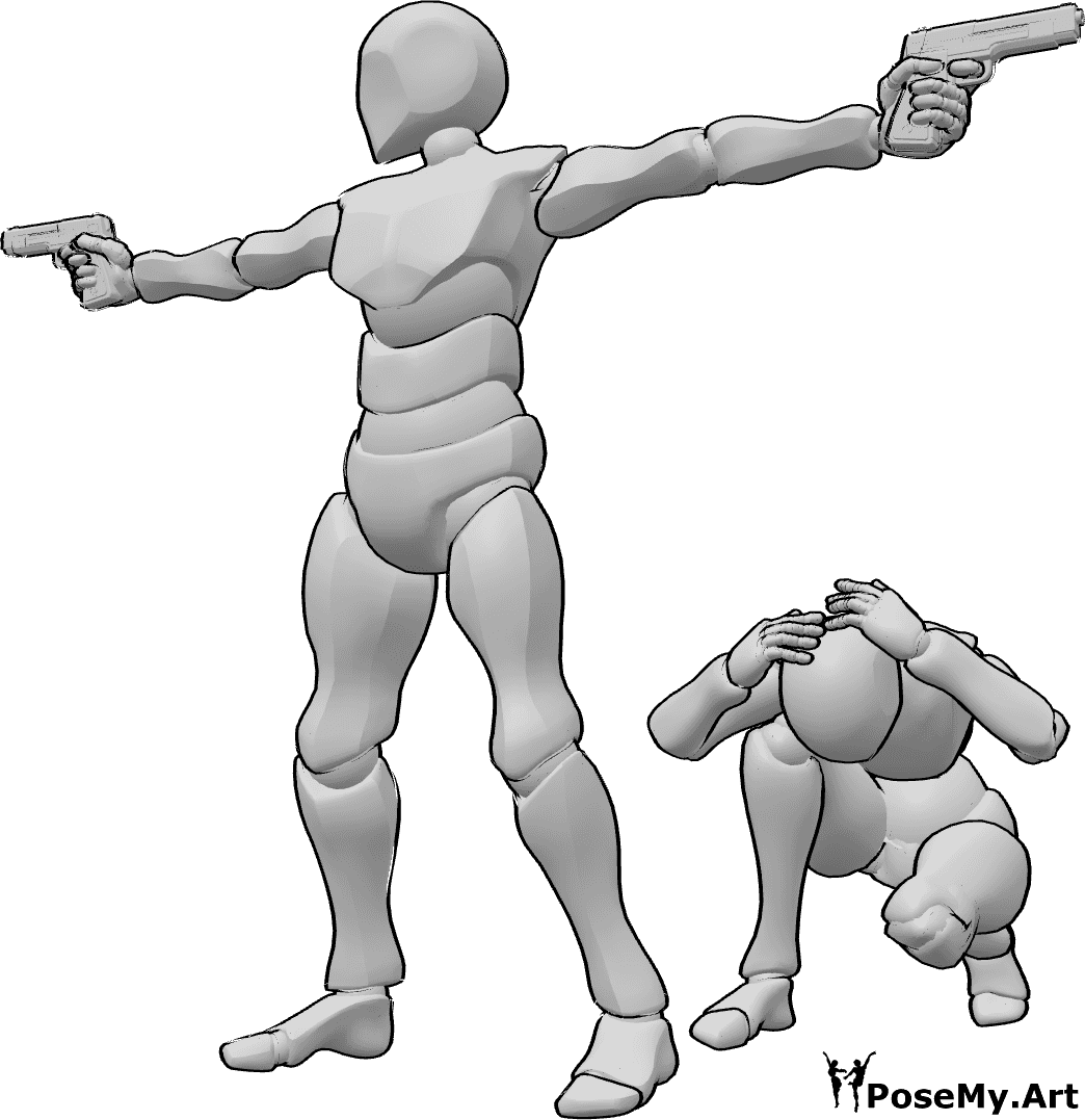 Pose Reference- Protecting aiming guns pose - Male is standing and aiming with two guns, protecting the female who is crouching and covering her head