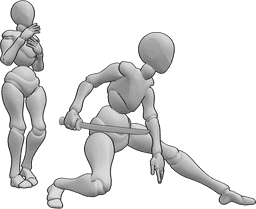 Referencia de poses- Postura femenina de protección - Mujer en posición de combate, con una katana en la mano, protegiendo a otra mujer.