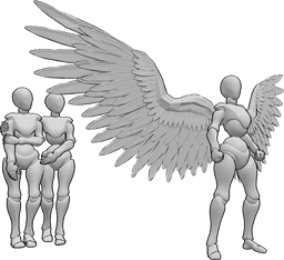Riferimento alle pose- Ali d'angelo che proteggono la posa - La femmina allarga le sue ali d'angelo e stringe i pugni, pronta a proteggere le femmine dietro di lei.