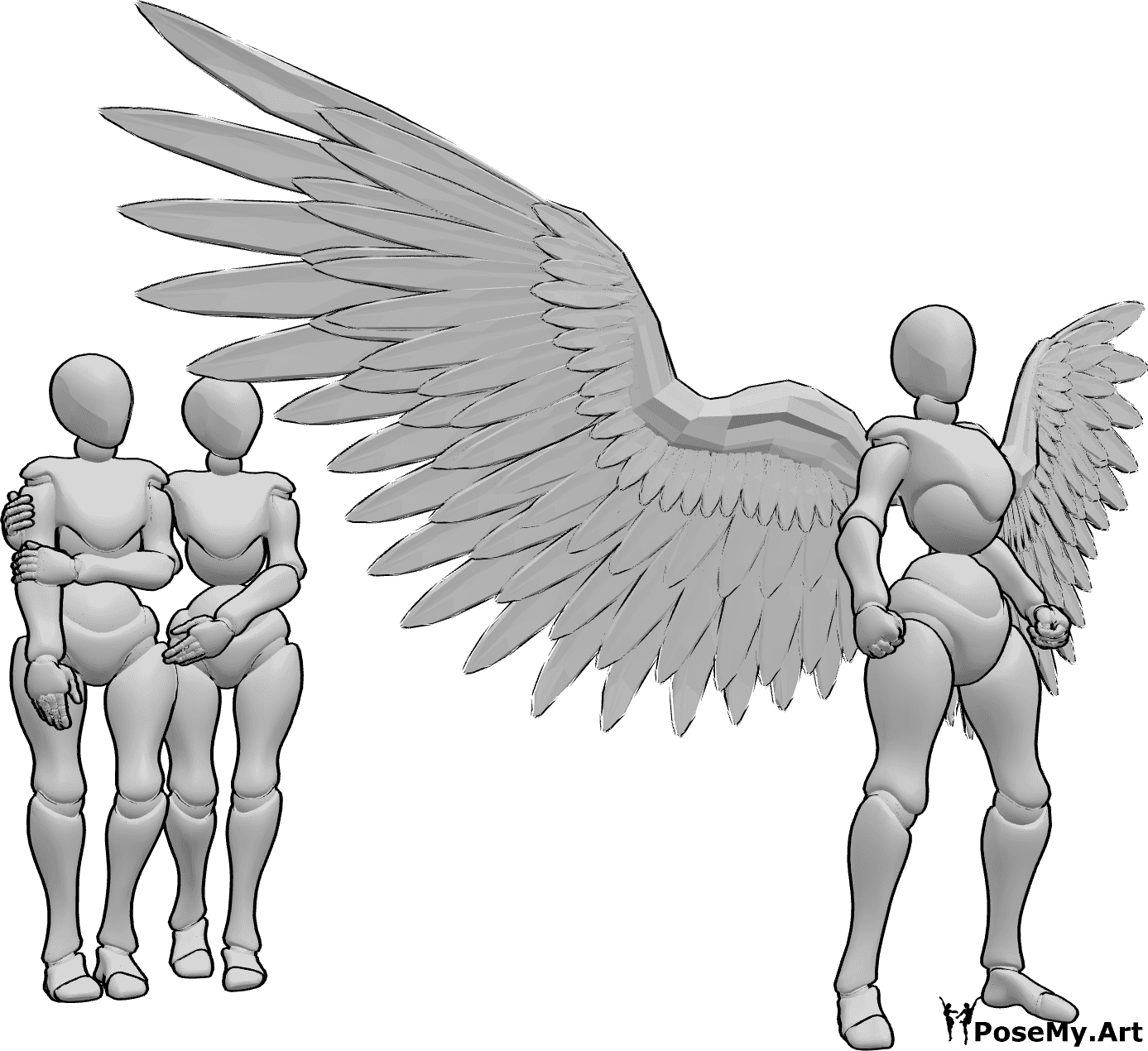 Référence des poses- Pose de protection des ailes d'ange - La femelle déploie ses ailes d'ange et serre les poings, prête à protéger les femelles derrière elle.