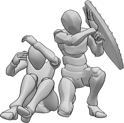 Referencia de poses- Escudo masculino que protege la postura - El macho está agachado y protege a la hembra con su escudo, referencia de pose protectora