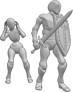Référence des poses- Épée bouclier protection pose - L'homme est debout, tenant une épée et un bouclier, prêt à se battre pour protéger la femme.