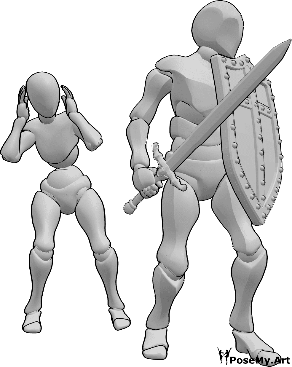 Référence des poses- Épée bouclier protection pose - L'homme est debout, tenant une épée et un bouclier, prêt à se battre pour protéger la femme.