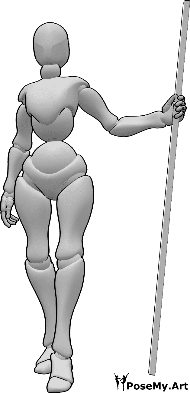 Referencia de poses- Mujer sujetando al personal posa - Mujer con un bastón en la mano izquierda