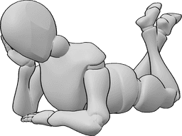 Posen-Referenz- Schläfrige weibliche liegende Pose - Die schläfrige Frau liegt auf dem Bauch und hält ihren Kopf mit der rechten Hand