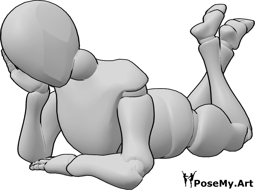 Pose Reference- Sleepy female lying pose - Sleepy female is lying on her stomach and holding her head with her right hand