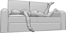 Posen-Referenz- Schläfrig liegende Couch-Pose - Die schläfrige Hündin liegt auf dem Bauch auf der Couch und ist halb eingeschlafen