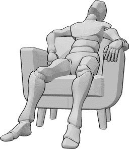 Referência de poses- Pose de sentado cansado e sonolento - Homem cansado e sonolento está sentado no cadeirão, está meio a dormir, pose de homem sonolento