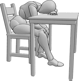 Posen-Referenz- Tisch-Schlafstellung - Schläfrige Frau sitzt und schläft auf dem Tisch ein, weibliche Schläfrigkeitspose
