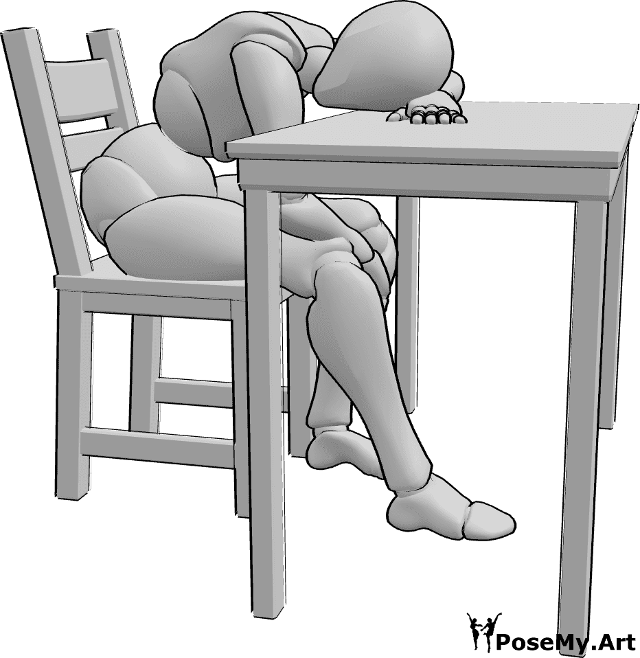 Referência de poses- Pose de dormir na mesa - Mulher sonolenta está sentada e a adormecer em cima da mesa, pose de mulher sonolenta