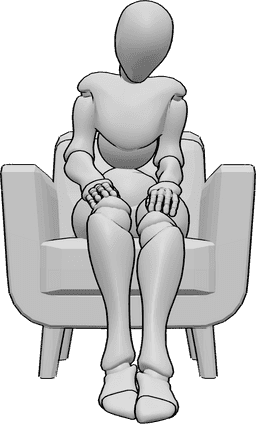 Référence des poses- Femme endormie assise - La femme endormie est assise dans le fauteuil et regarde vers le bas, elle est à moitié endormie.