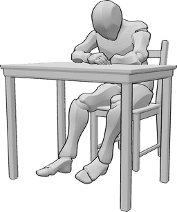 Referência de poses- Homem sonolento em pose sentada - O homem sonolento está sentado à mesa, cansado, olhando para baixo e meio a dormir