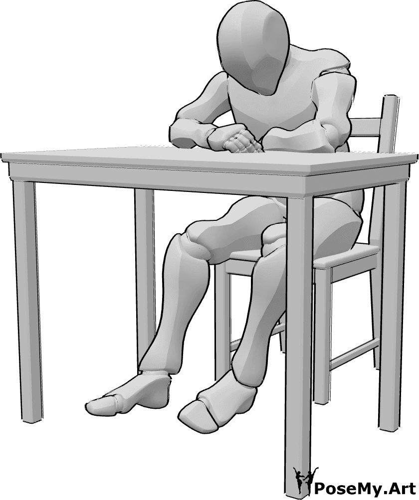 Referência de poses- Homem sonolento em pose sentada - O homem sonolento está sentado à mesa, cansado, olhando para baixo e meio a dormir