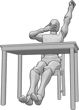 Référence des poses- Pose d'étirement du bâillement chez l'homme - L'homme endormi est assis à la table et baille, s'étire, pose de l'homme endormi.