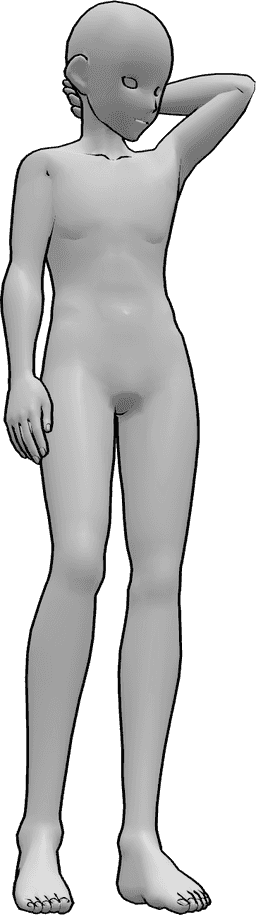 Referência de poses- Homem tímido em pose de pé - Homem anime tímido está de pé, segurando a cabeça com a mão esquerda e olhando para a esquerda