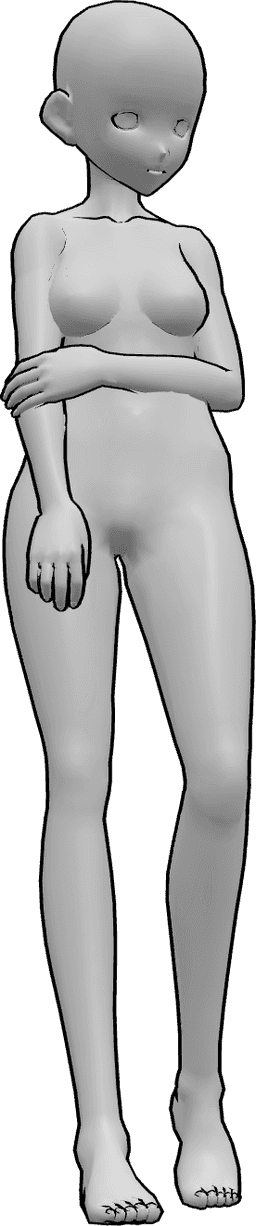 Riferimento alle pose- Femmina timida in posa eretta - Una timida donna anime è in piedi, tiene il braccio destro e guarda a sinistra.