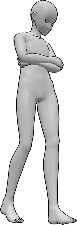 Referência de poses- Homem tímido em pose de marcha - Homem anime tímido caminha com os braços cruzados e olha para baixo