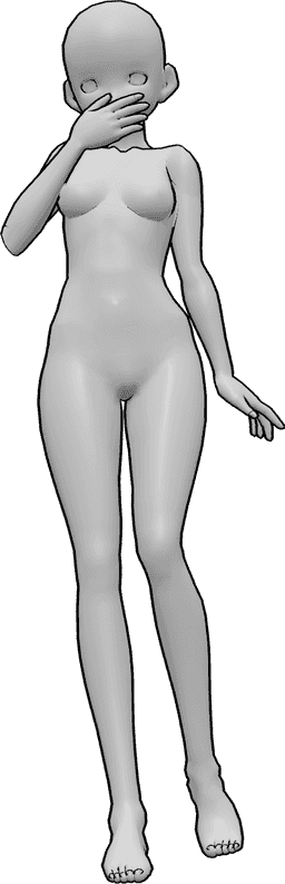 Référence des poses- Pose timide et mignonne pour rire - Une femme timide se tient debout, rit et se couvre la bouche avec sa main droite.