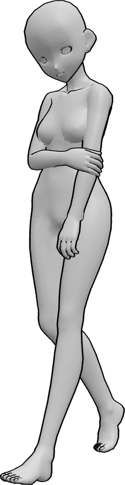 Referencia de poses- Postura tímida de mujer caminando - Tímida mujer anime está caminando, sosteniendo su brazo y mirando hacia abajo