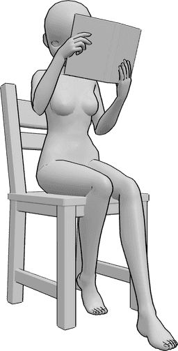 Referência de poses- Pose de esconderijo sentado tímido - Uma mulher anime tímida está sentada, cobrindo a cara com o seu livro