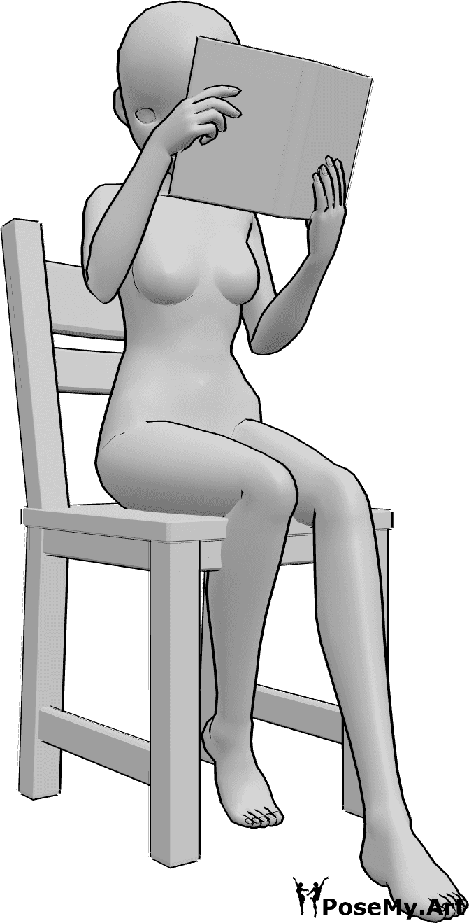 Référence des poses- Pose timide assise et cachée - Une femme timide, de type anime, est assise et se couvre le visage avec son livre.