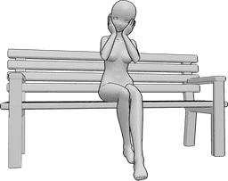 Référence des poses- Pose assise timide - Une femme timide est assise sur un banc et se tient le visage avec les deux mains.