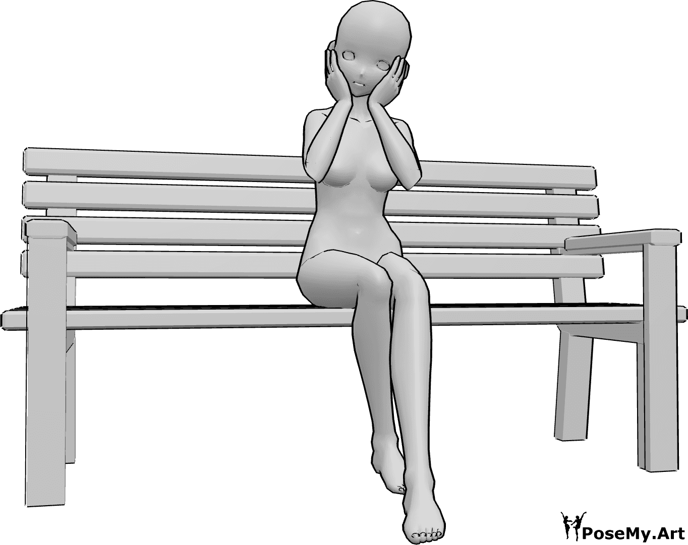 Referência de poses- Postura sentada tímida - Uma mulher anime tímida está sentada no banco e segura o rosto com as duas mãos