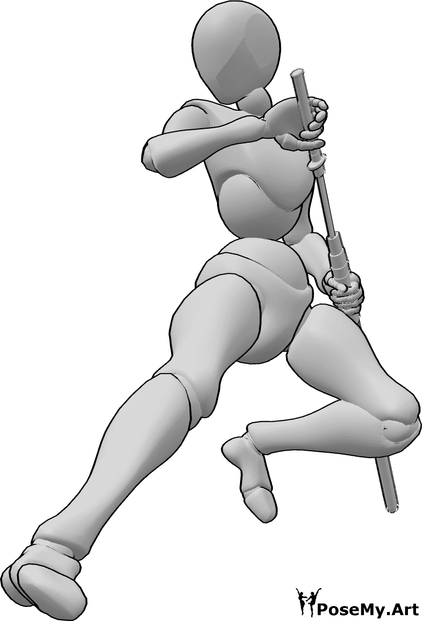 Referencia de poses- Postura femenina de lucha con katana - La hembra salta y patalea mientras saca su katana de la vaina.