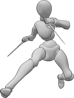 Référence des poses- Pose d'attaque du saï femelle - La femme saute et attaque avec le sai dans les deux mains, pose de combat dynamique.