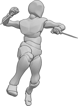 Référence des poses- Dagues masculines - pose de combat - L'homme saute et attaque avec des dagues dans les deux mains, en regardant vers la gauche.