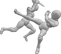 Posen-Referenz- Dolchkampf-Pose - Zwei Frauen kämpfen, eine von ihnen greift mit Dolchen an