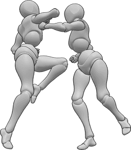Riferimento alle pose- Femmine in posa di combattimento - Due femmine stanno lottando, una di loro salta per colpire con il gomito, l'altra tira pugni
