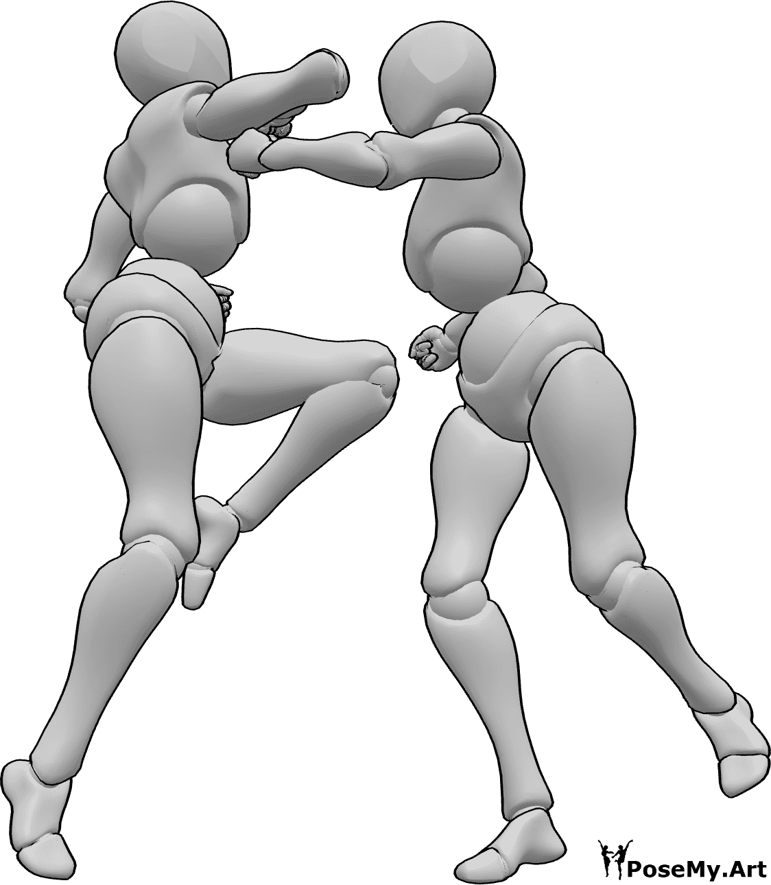 Referência de poses- Fêmeas em pose de combate - Duas mulheres estão a lutar, uma delas salta para o cotovelo e a outra dá um murro