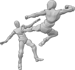 Riferimento alle pose- Posa da combattimento con calci - Due maschi stanno lottando, uno di loro esegue un calcio laterale dalla corsa