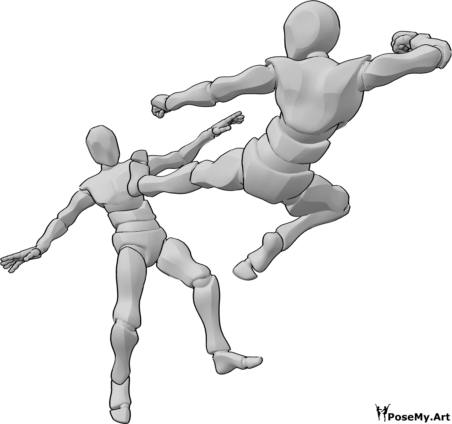 Pose Reference- Fighting kicking pose - Two males are fighting, one of them is doing a side kick from running