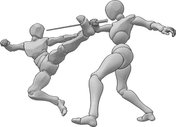 Referência de poses- Pose de combate com katana - Uma mulher e um homem estão a lutar, a mulher está a atacar com uma katana