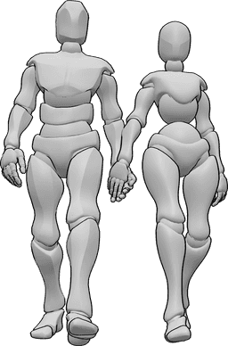 Referência de poses- Pose de mãos dadas - Mulher e homem caminham e dão as mãos um ao outro