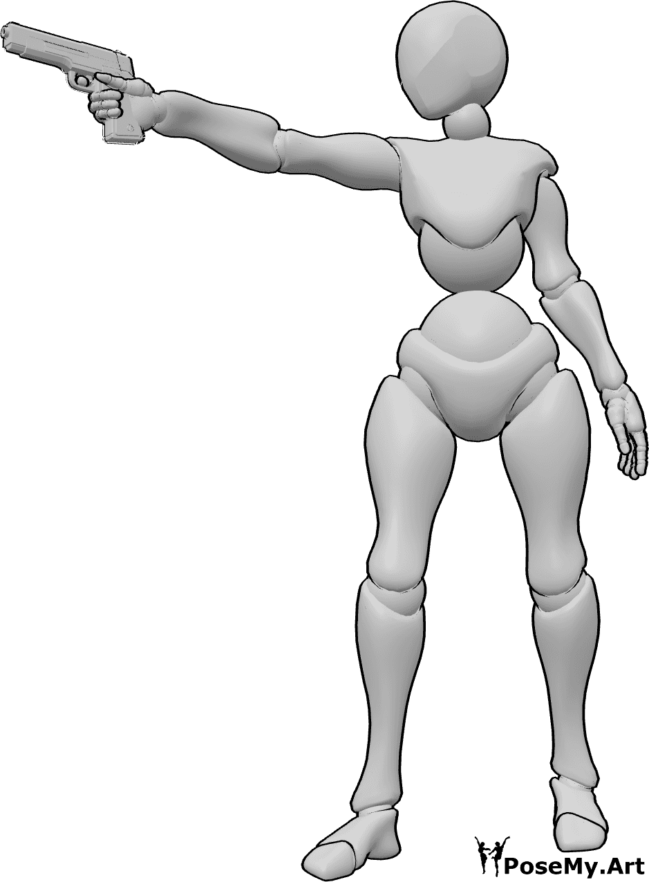 Pose Reference- Holding gun pose - Female is standing and holding a gun in her right hand