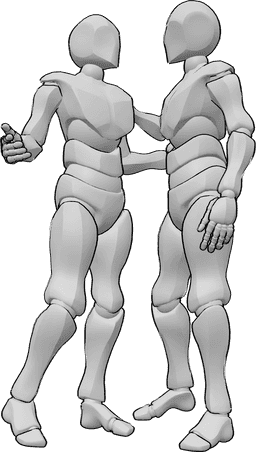Posen-Referenz- Männliche Freunde in stehender Pose - Zwei männliche Freunde stehen und wollen sich umarmen