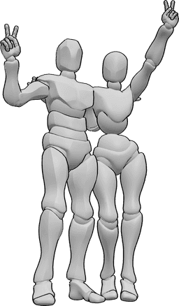 Référence des poses- Pose d'amis masculins et féminins - Des amis masculins et féminins se tiennent les uns à côté des autres et posent en faisant des signes de paix.